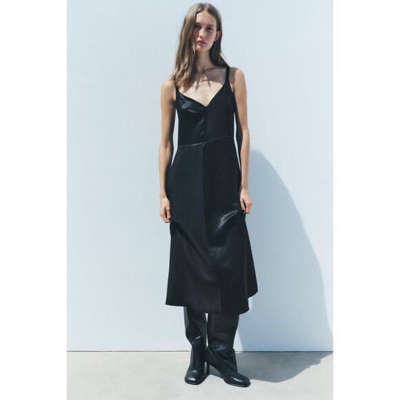 ZARA ZW Collection Black Satin Slip Midi Dress Medium - Picture 1 of 12